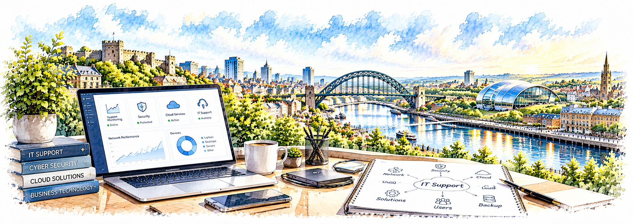 Newcastle upon Tyne skyline featuring the Tyne Bridge and surrounding city architecture