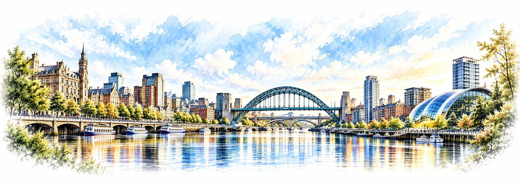 Newcastle upon Tyne & North East – Peter Angel Newcastle upon Tyne skyline featuring the Tyne Bridge and surrounding city architecture