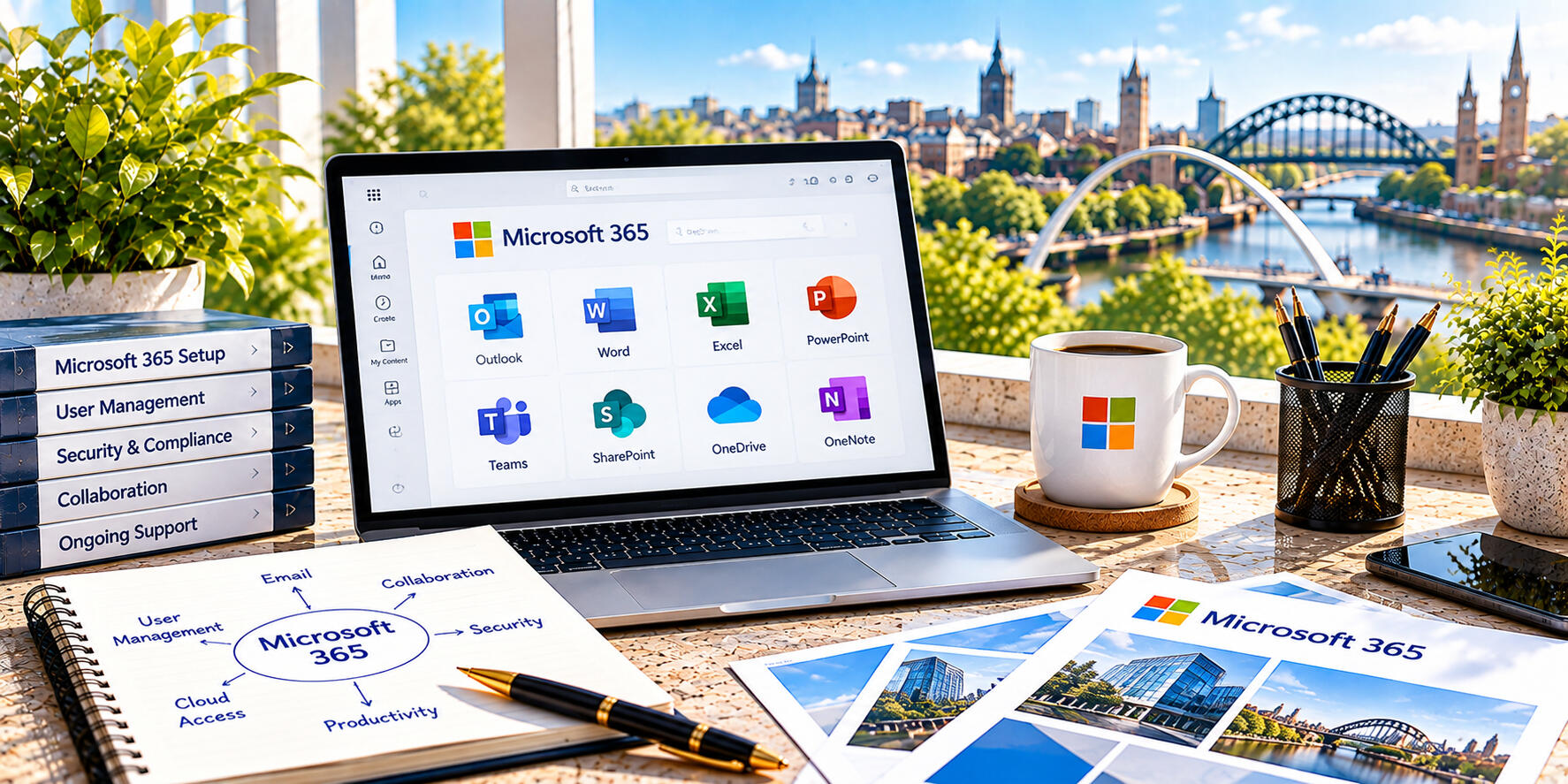 Business laptop displaying productivity applications and office tools to represent Microsoft 365 management and collaboration.