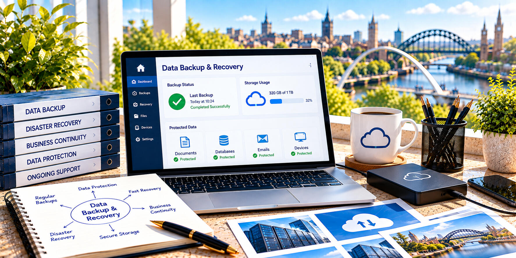 External storage devices and a computer displaying digital files to represent business data backup and recovery solutions.