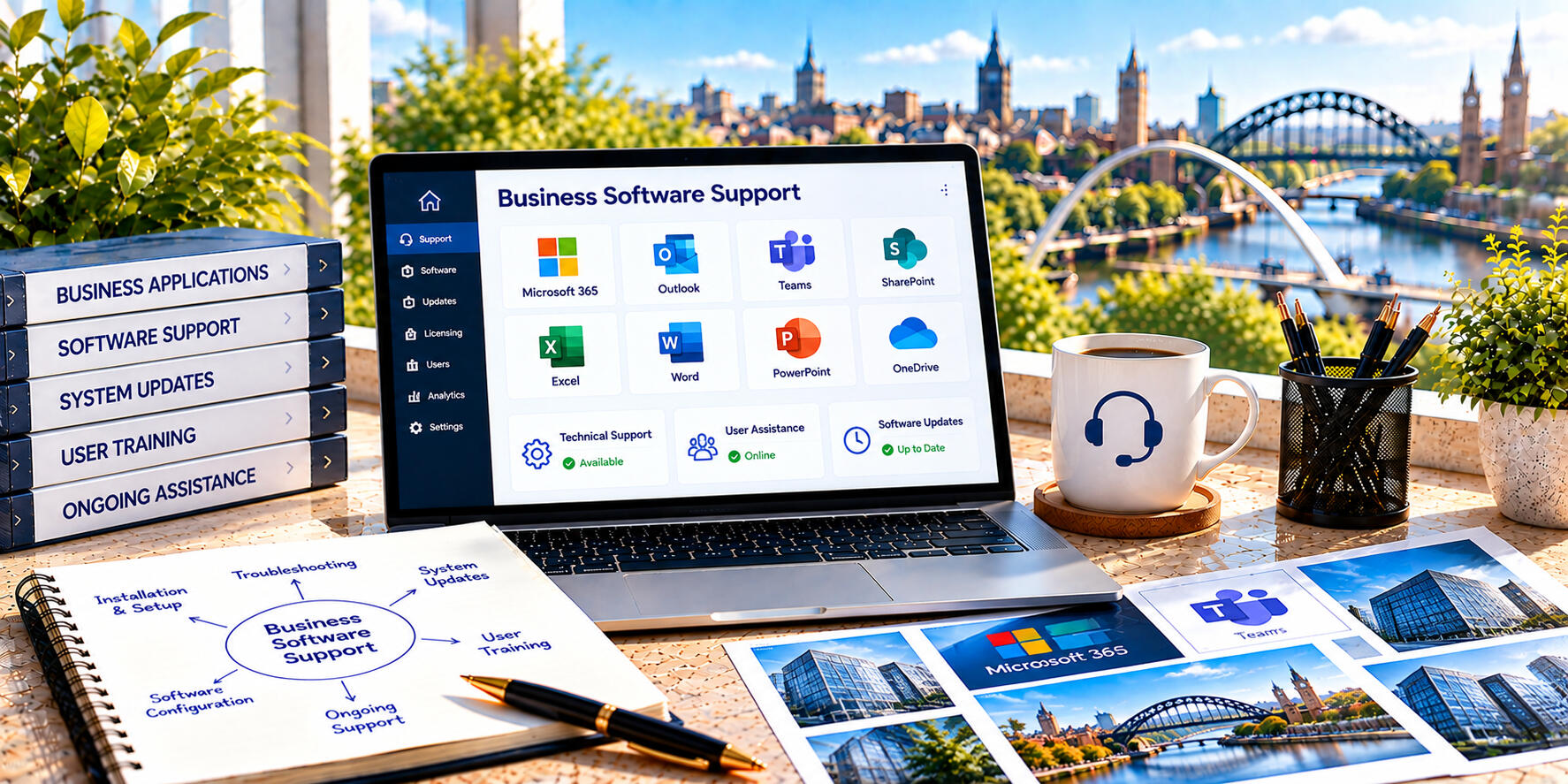 Business professional working with software applications on a laptop to represent technical support for business software.