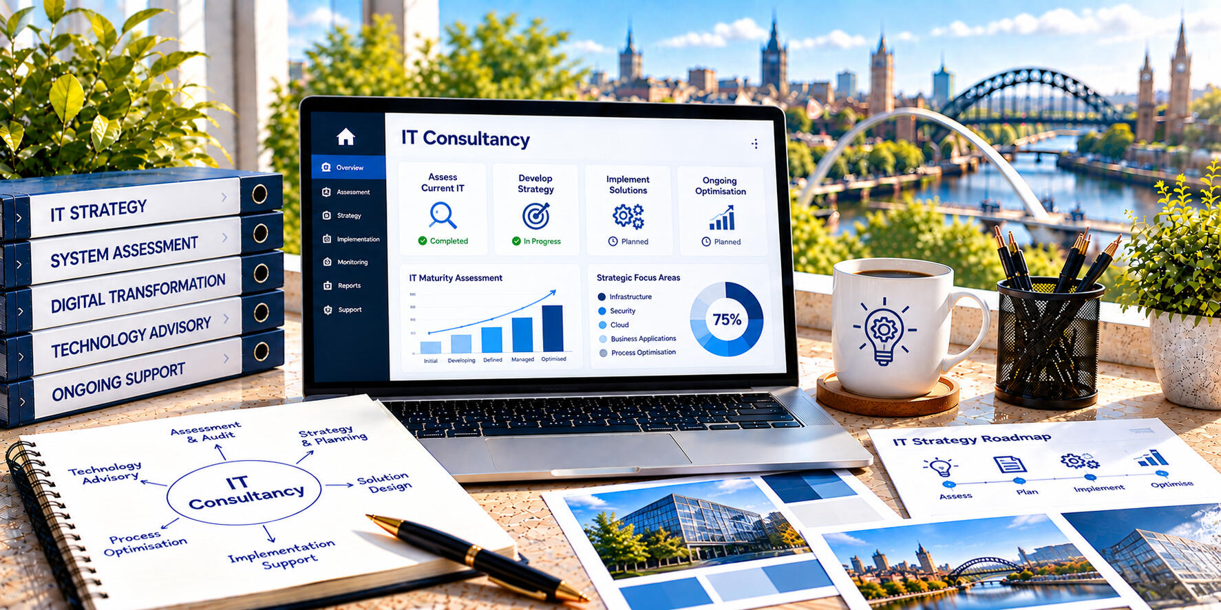 IT consultant reviewing technology plans and business documents to represent professional IT advice and strategic planning.